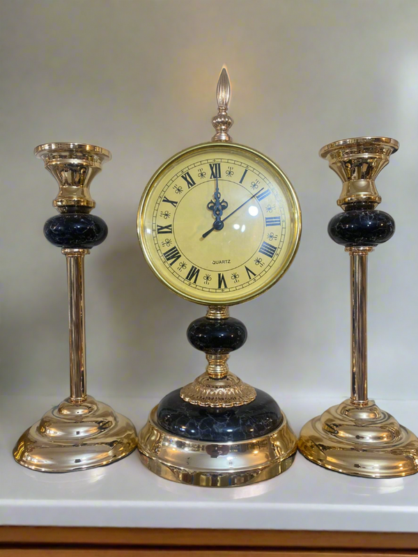 Black Brass Clock Set With Candle Holders