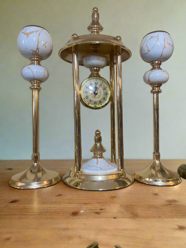 Brass Clock Set With Candle Holders