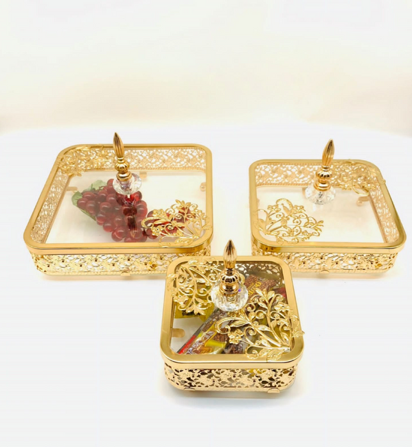 Set of 3 Luxury Gold Tray with Lid